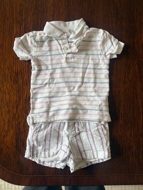 Janie and Jack White Polo Top with Pink and Gray Stripes & White Striped Shorts